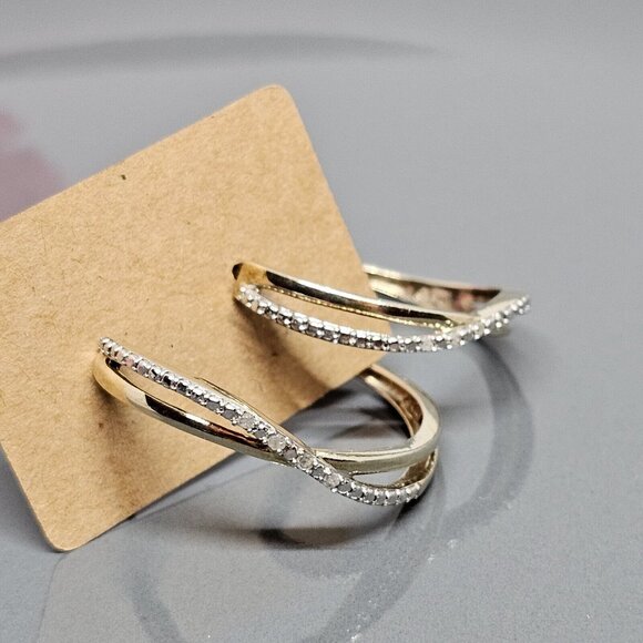 925 Sterling Silver Vermeil - Natural Diamond Crossover Semi Hoop Earrings - Picture 8 of 12